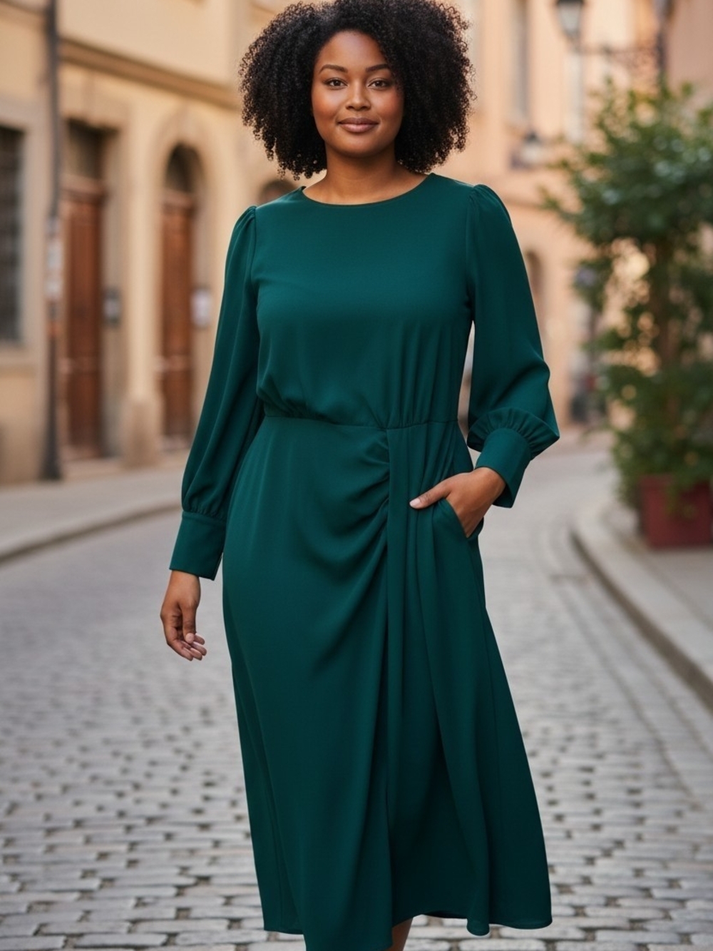 SHEIN Emerald Green Long Sleeve Midi Dress with Draped Waist